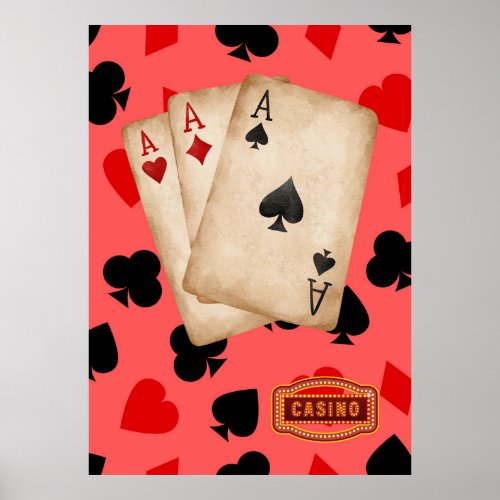 Vintage Three Aces Playing Cards Casino Graphic Poster