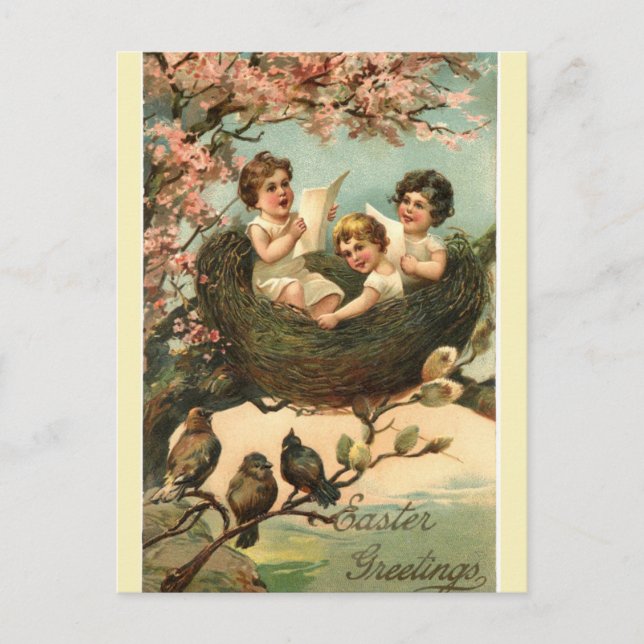 Vintage Three Children in an Easter Nest Postcard (Front)