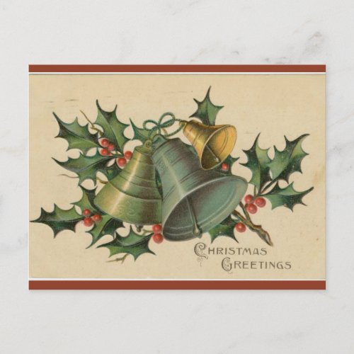 Vintage Three Christmas Bells and Holly Postcard