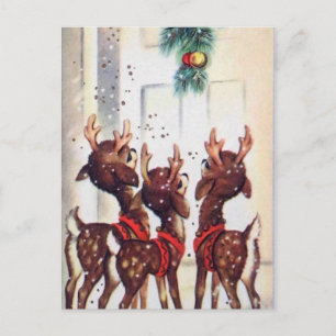 Vintage Three Christmas Reindeer At The Door Holiday Postcard