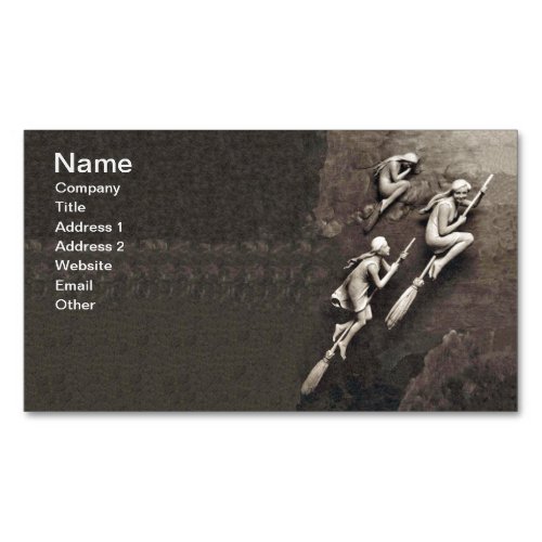 Vintage Three Halloween Witches Flying Brooms Magnetic Business Card