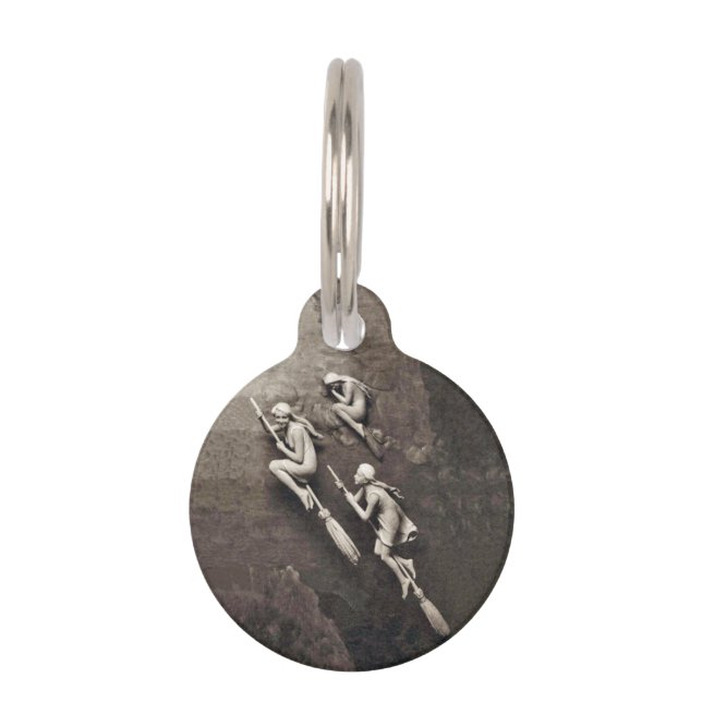 Vintage Three Halloween Witches Flying Brooms Pet Tag (Front)
