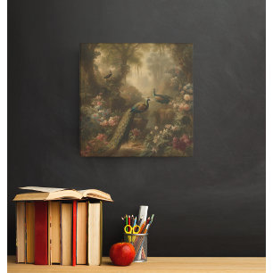 Vintage Three Peacocks in Forest Garden Rustic  Wood Wall Art