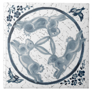 Vintage Three Rabbit Hare Trio Blue & White Delft Ceramic Tile