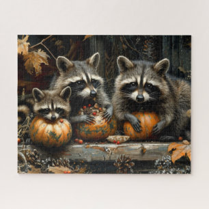 Vintage Three Raccoons and Pumpkins Autumn 16x20 Jigsaw Puzzle