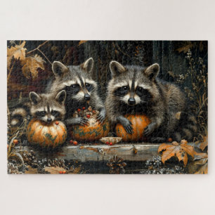 Vintage Three Raccoons and Pumpkins Autumn 20x30 Jigsaw Puzzle