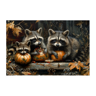 Vintage Three Raccoons and Pumpkins Autumn 36x24 Acrylic Print