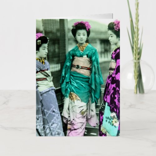Vintage Three Young Geisha in Old Japan Foil Greeting Card