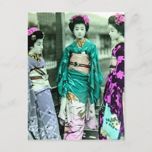 Vintage Three Young Geisha in Old Japan Postcard