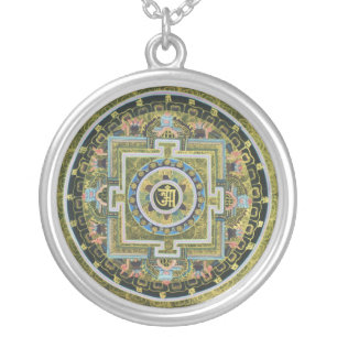 Vintage Tibetan Tantric Buddhism Mandala Thangka Silver Plated Necklace