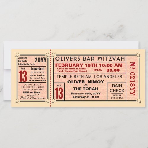 Vintage Ticket Boxing Gloves Bar Mitzvah Red Invitation