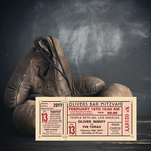 Vintage Ticket Boxing Gloves Bar Mitzvah Red Invitation