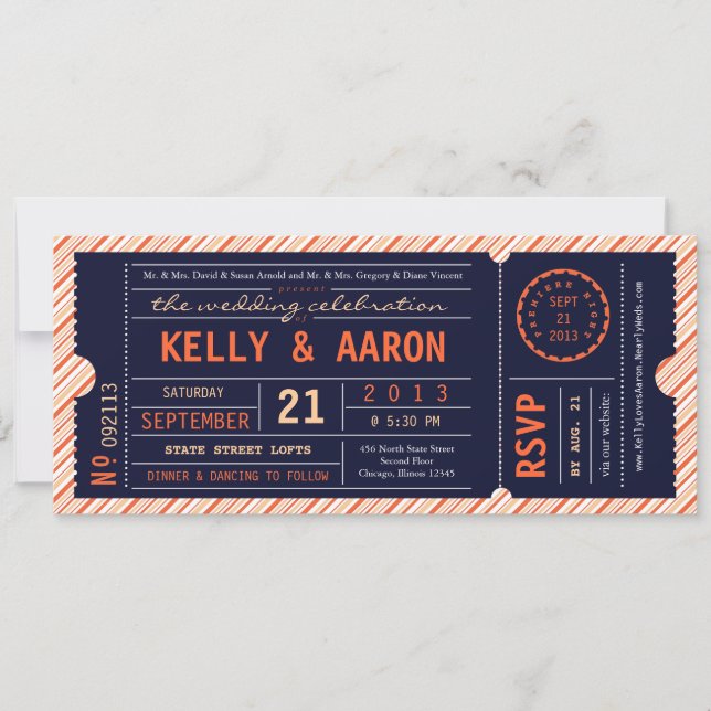 Vintage Ticket Diagonal Stripe Wedding Invitation (Front)