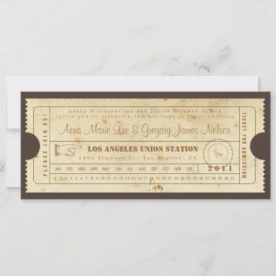 Invitation Card for Wedding-Vintage-Distressed Look-TICKET with Pontil 
