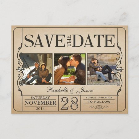 Vintage Ticket Save The Date -- 3 Images 2.0 Announcement Postcard