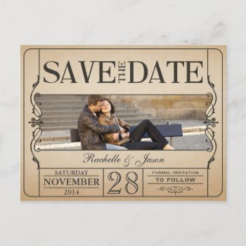Vintage Ticket Save The Date Announcement Postcard by Trifecta_Designs at Zazzle