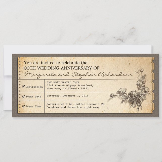 vintage ticket typographic anniversary invitations (Front)