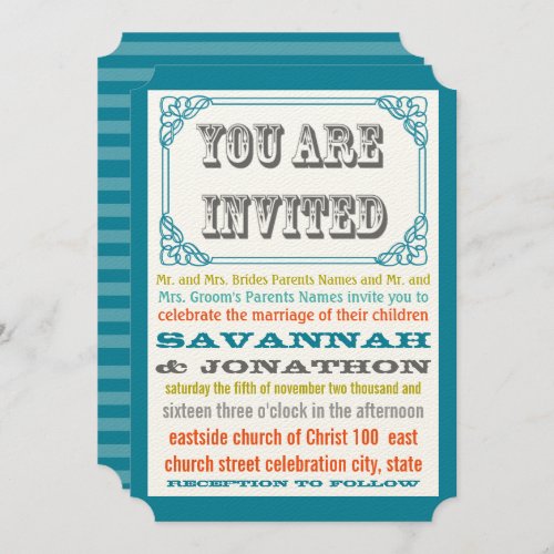 Vintage Ticket Typography Teal Yellow Orange Coral Invitation