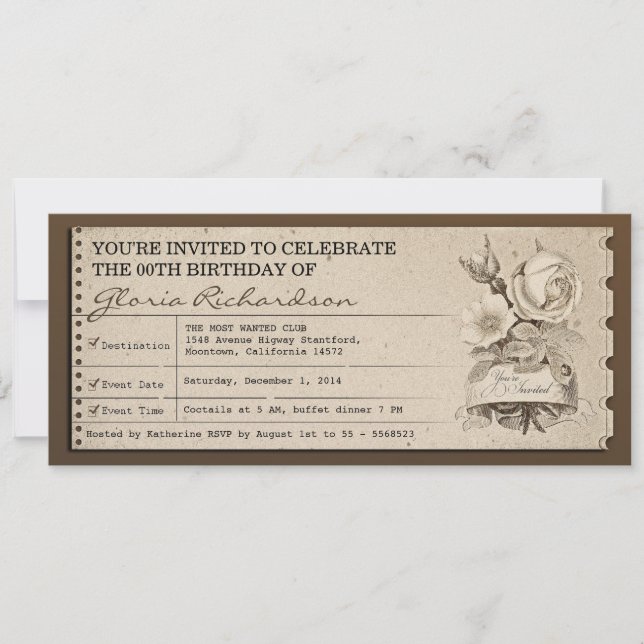 vintage ticket unique design birthday invites (Front)