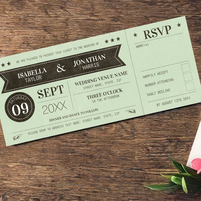 Vintage Ticket Wedding Invitation with RSVP (Creator Uploaded)
