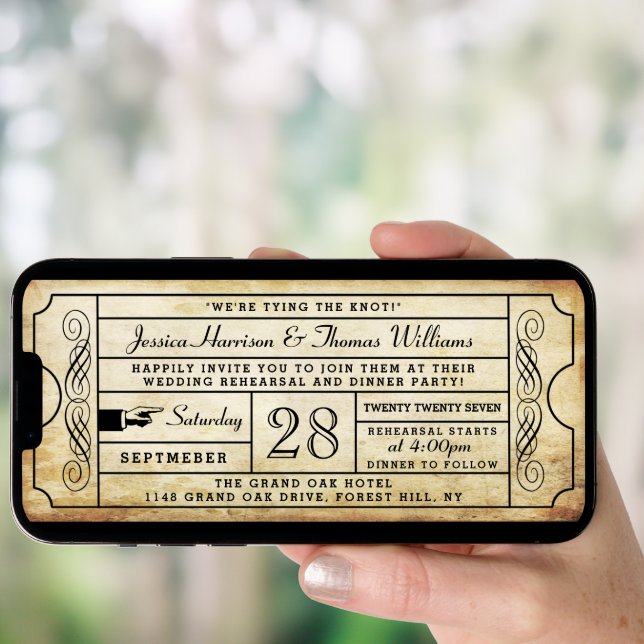 Vintage Ticket Wedding Rehearsal Dinner Invitation (Front Digital)