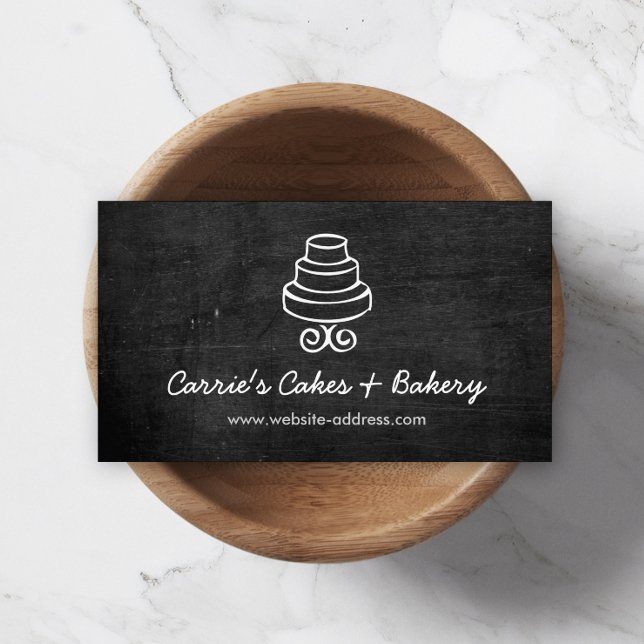 Vintage Tiered Cake Logo on Black Wood Bakery Business Card