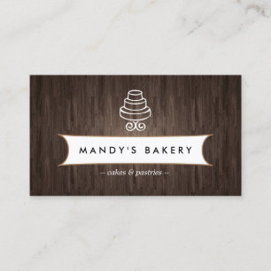 Vintage Tiered Cake Logo on Brown Wood Business Card