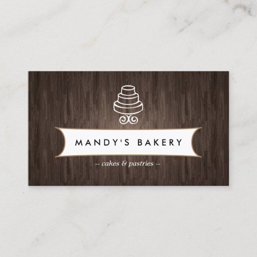 Customizable VINTAGE CAKE LOGO on Wood for Bakery, Catering Business Cards