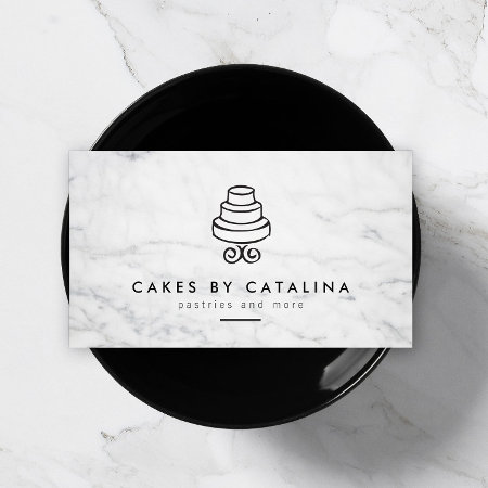 Vintage Tiered Cake Logo On White Marble Bakery Business Card