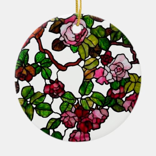 Vintage Tiffany Stained Glass Pink and red Roses   Ceramic Ornament