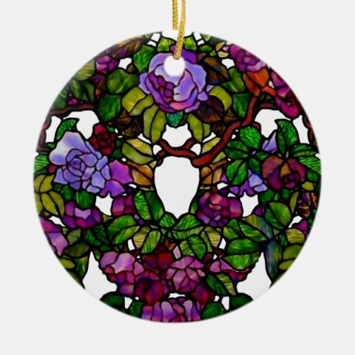 Vintage Tiffany Stained Glass Purple Roses Ceramic Ornament