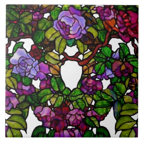 Vintage Tiffany Stained Glass Purple Roses Ceramic Tile