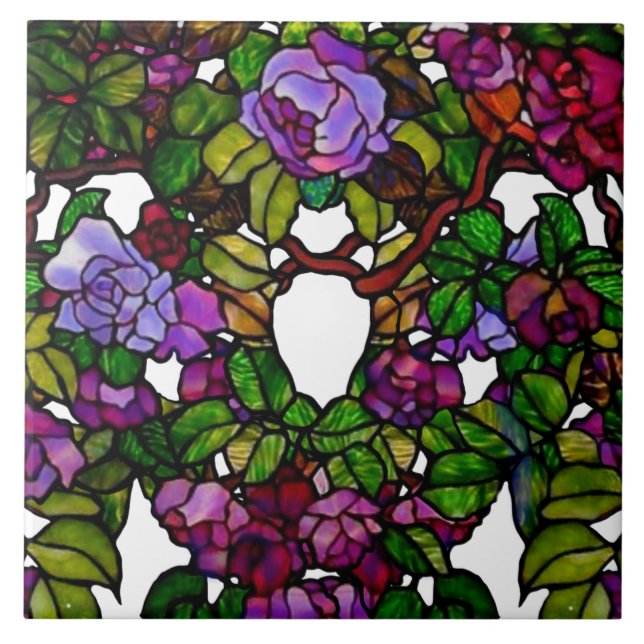 Vintage Tiffany Stained Glass Purple Roses Ceramic Tile (Front)