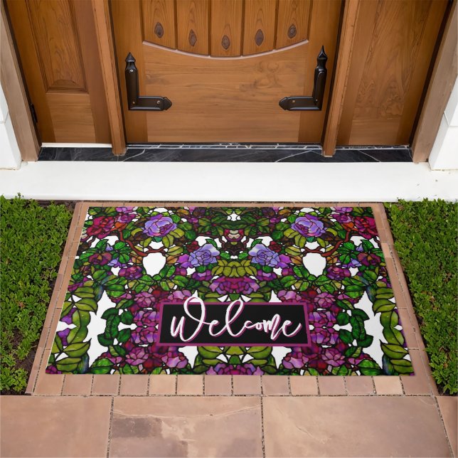 Vintage Tiffany Stained Glass Purple Roses Doormat (Outdoor)
