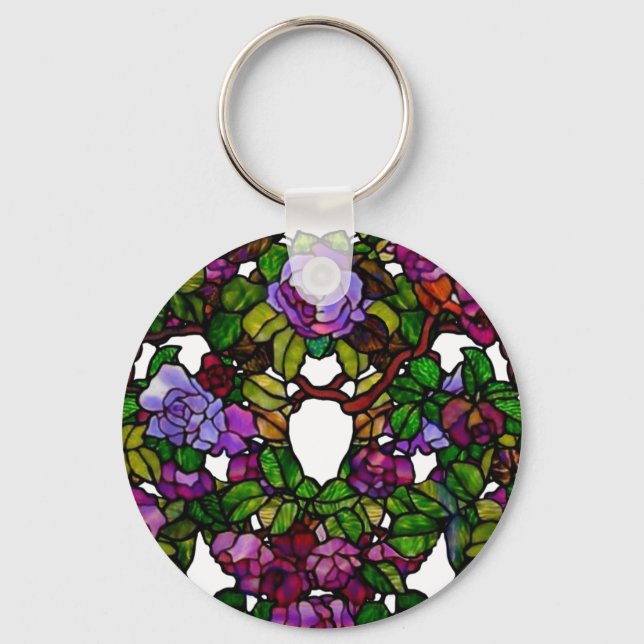 Vintage Tiffany Stained Glass Purple Roses Keychain (Front)