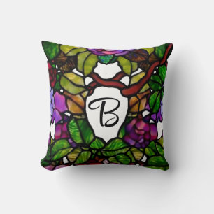 Vintage Tiffany Stained Glass Purple Roses Throw Pillow