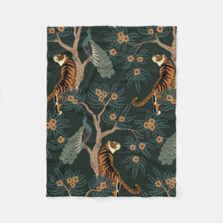 Vintage tiger and peacock fleece blanket