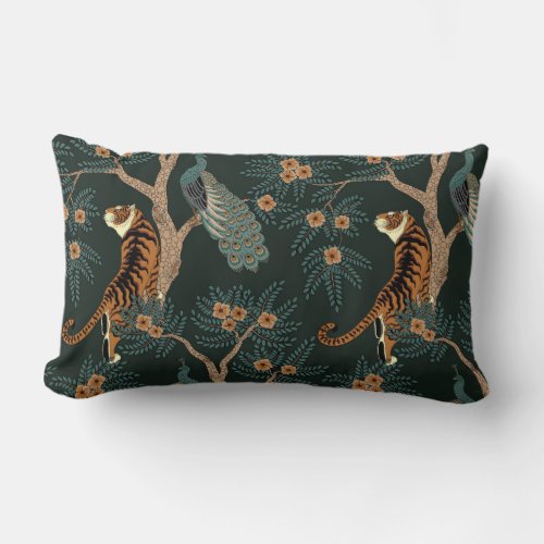 Vintage tiger and peacock lumbar pillow