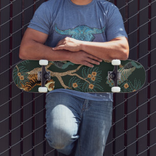 Vintage tiger and peacock skateboard