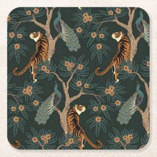 Vintage tiger and peacock square paper coaster