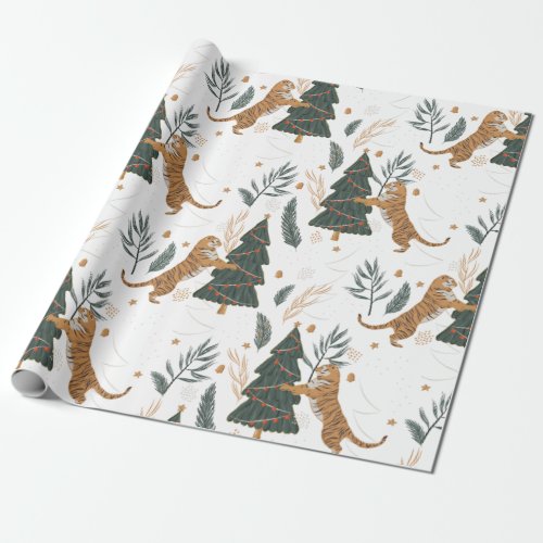 Vintage Tiger Christmas Tree Wrapping Paper