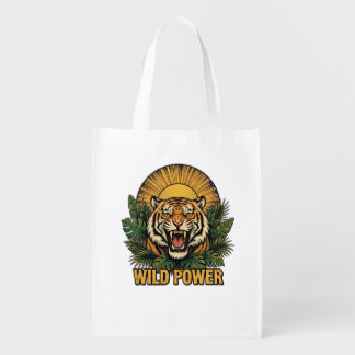 Vintage Tiger Head With Sunburst and Tropical Leav Grocery Bag