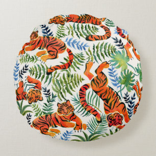 Vintage Tiger Jungle Watercolor Round Pillow