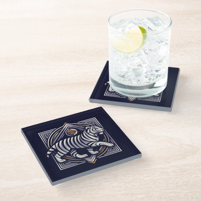 Vintage Tiger Navy Blue Glass Coaster (Angled)