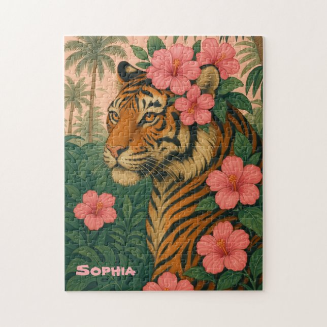 Vintage Tiger Puzzle with Pink Tropical Flowers (Vertical)