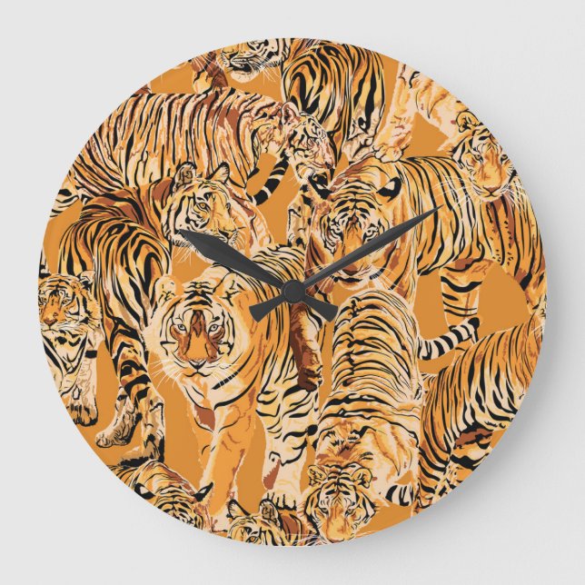 Vintage Tiger Safari Wildlife Pattern Large Clock (Front)