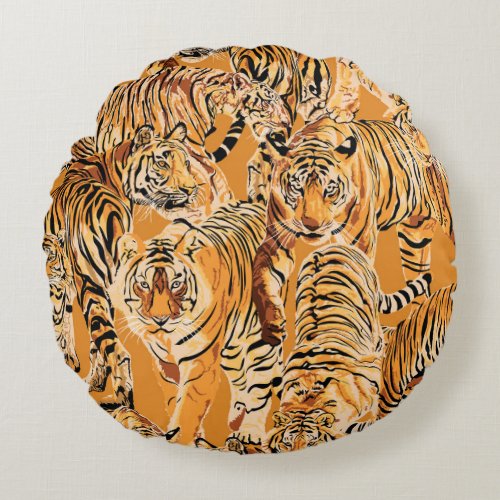 Vintage Tiger Safari Wildlife Pattern Round Pillow
