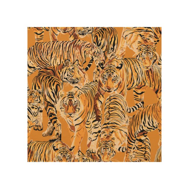 Vintage Tiger Safari Wildlife Pattern Wood Wall Art (Front)