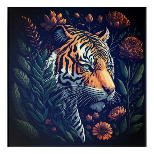 Vintage Tiger with Green Flora Acrylic Print