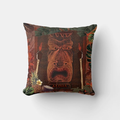 Vintage Tiki Aloha Hawaiian Luau Tropical Throw Pillow